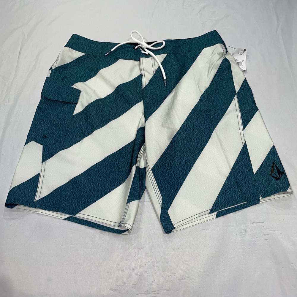 Volcom Mens Teal White Striped Board Shorts Swim Trunks Size 33